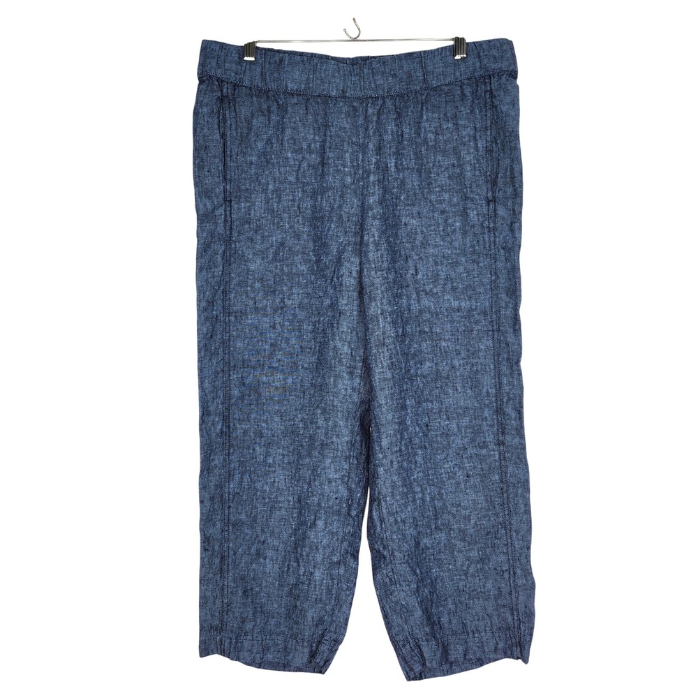 Pure Jill Linen Blue Chambray Elastic Waist Straight Cropped Leg Pants Medium